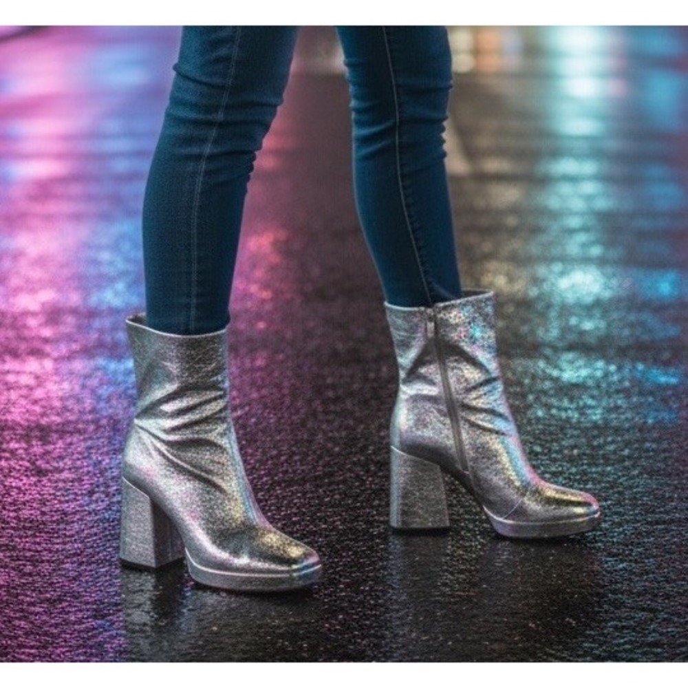 Women's Size 7 Steve Madden Silver Glitter Fab Booties Zip Up‎ Heel Shoes